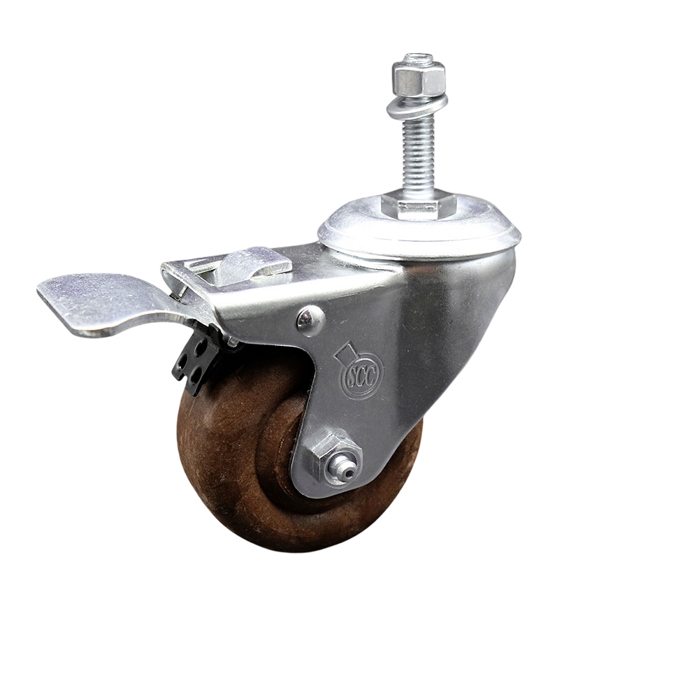 High Temperature Glass Filled Nylon Swivel Threaded Stem Caster with 3 x 1.25 in. Brown Wheel & 0.38 in. Stem & Total Locking Brake