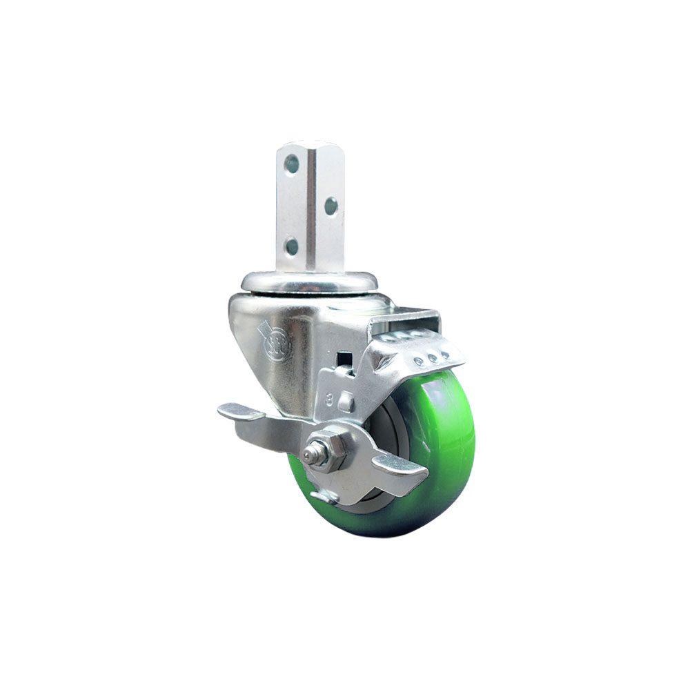 Swivel Square Stem Caster with 3 x 1.25 in. Green Polyurethane Wheel with 3 0.26 in. Diameter Mounting Holes & Top Lock Brakes
