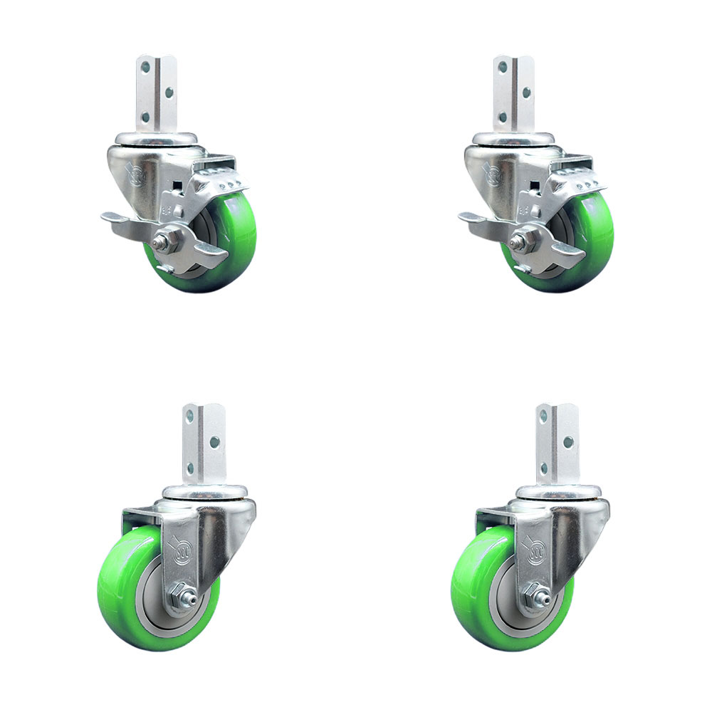 Swivel Square Stem Caster with 3.5 x 1.25 in. Green Poly Wheel, 0.87 x 2 in. Square Stem with 3 0.26 in. Diameter Mounting Holes - Set of 4