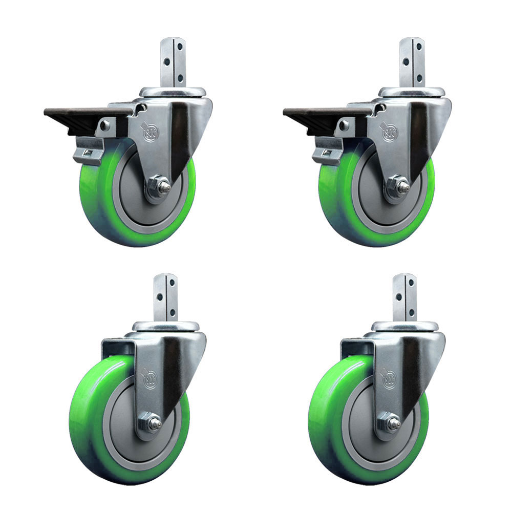 Swivel Square Stem Caster with 4 x 1.25 in. Green Poly Wheel, 0.87 x 2 in. Square Stem with 3 0.26 in. Diameter Mounting Holes - Set of 4
