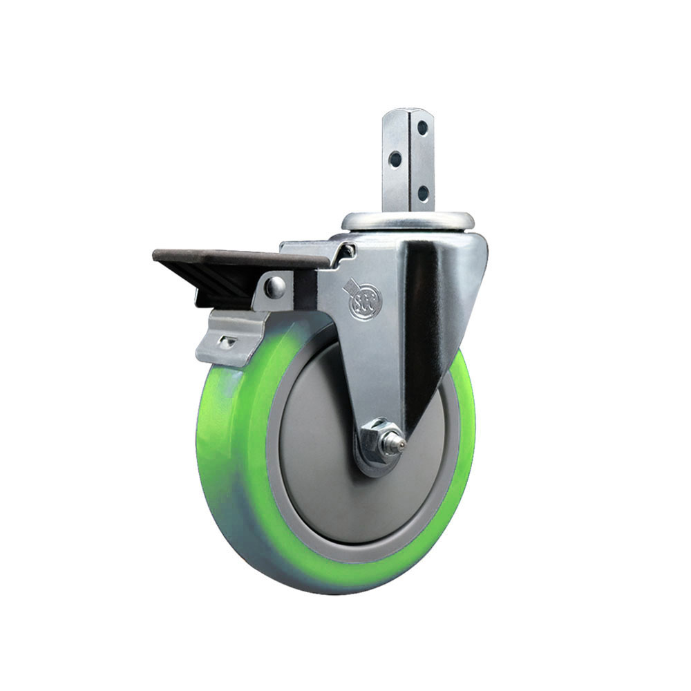 Swivel Square Stem Caster with 5 x 1.25 in. Green Polyurethane Wheel with 3 0.26 in. Diameter Mounting Holes & Posi Lock Brakes