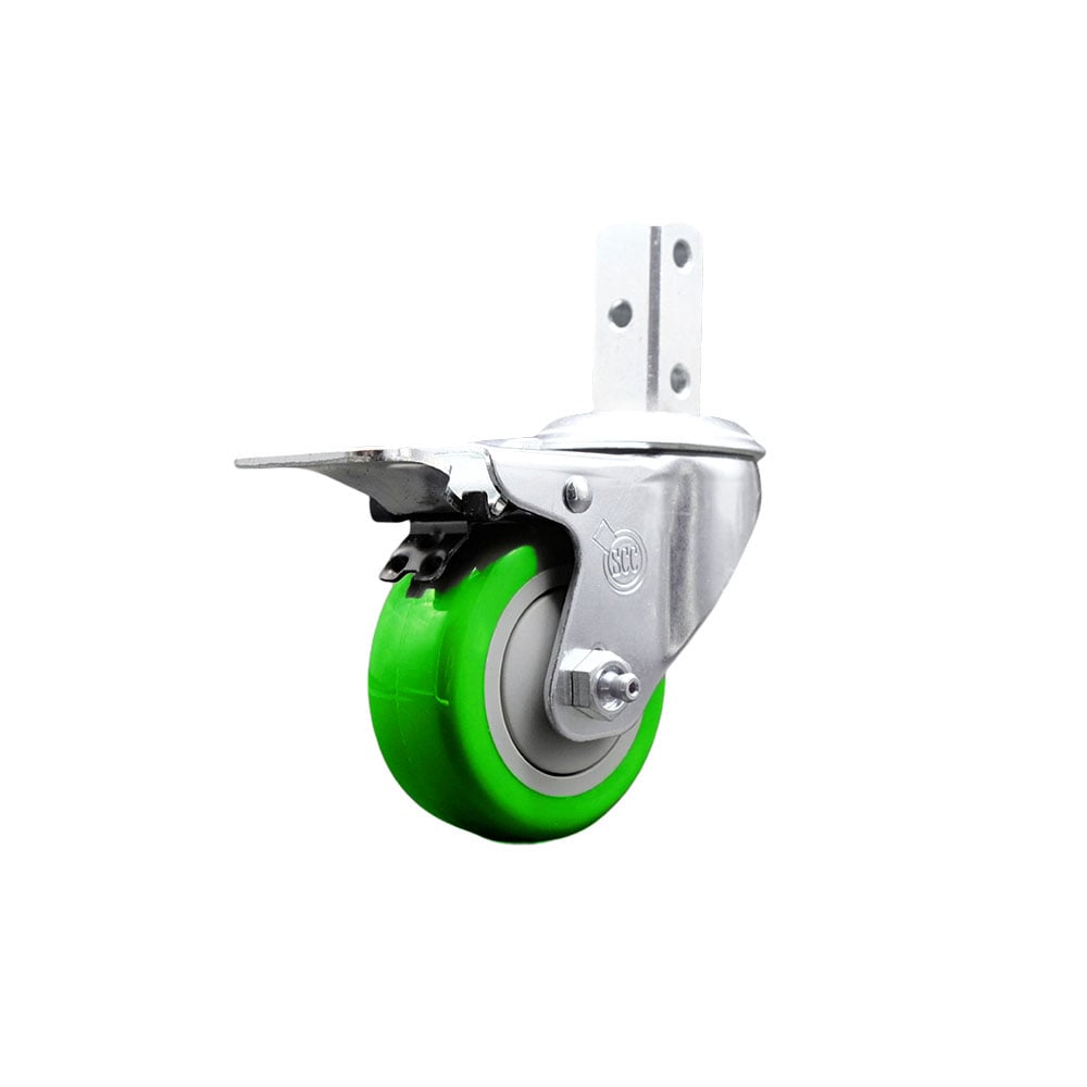 Swivel Square Stem Caster with 3 x 1.25 in. Green Polyurethane Wheel with 3 0.26 in. Diameter Mounting Holes & Total Lock Brakes