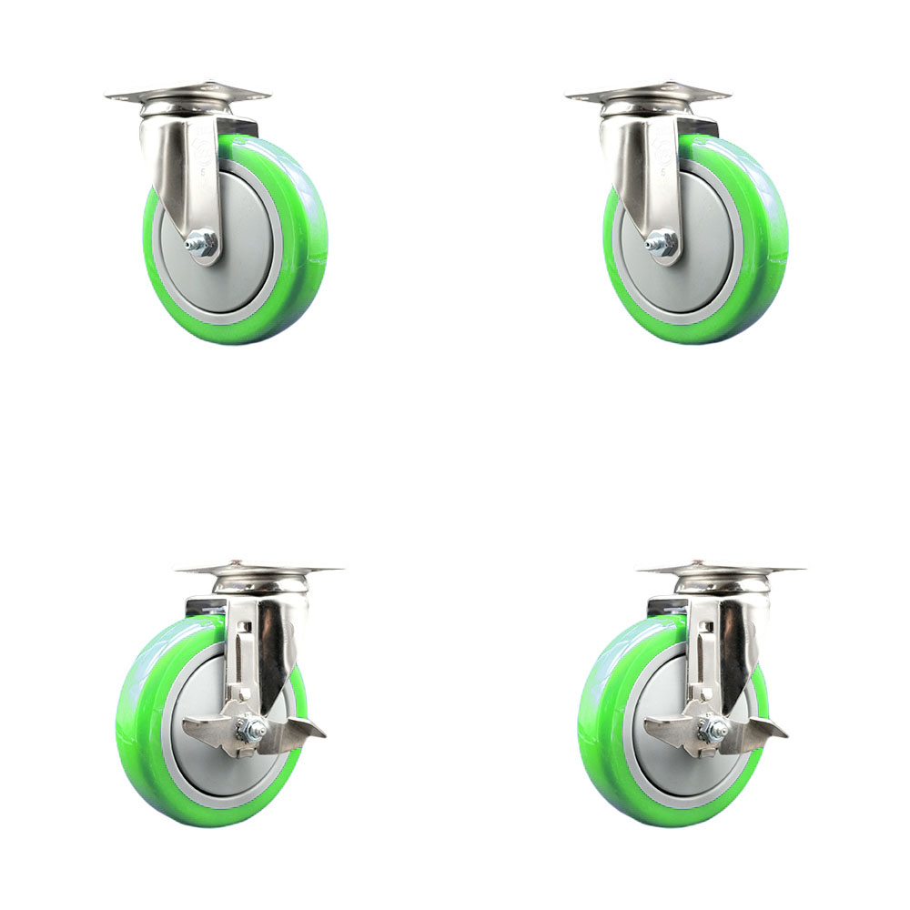SCC-SS31620S514-PPUB-GRN-2-TLB-2 Polyurethane Swivel Top Plate Caster with 5 in. 316 Stainless Steel Green Wheels - Set of 4