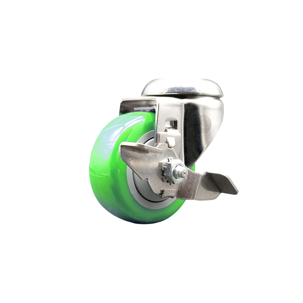 SCC-SS316BH20S314-PPUB-GRN-TLB Polyurethane Swivel Bolt Hole Caster with 3 in. Green Caster Wheel & Top Lock Brake - 316 Stainless Steel Caster