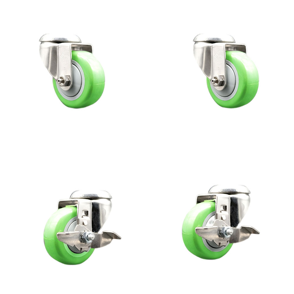 SCC-SS316BH20S3514-PPUB-GRN-2-TLB-2 Polyurethane Swivel Bolt Hole Caster with 3.5 in. Green Caster Wheels - 316 Stainless Steel Casters - Set of 4