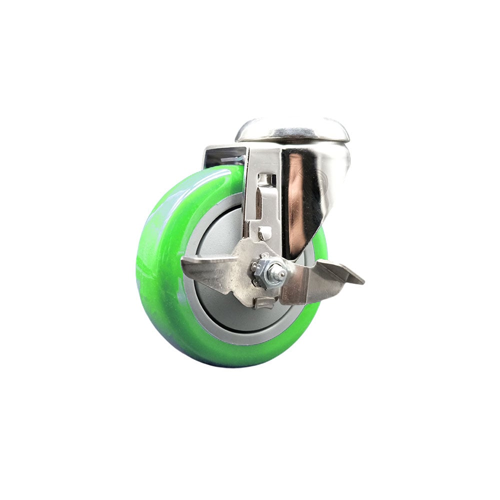 SCC-SS316BH20S414-PPUB-GRN-TLB Polyurethane Swivel Bolt Hole Caster with 4 in. Green Caster Wheel & Top Lock Brake - 316 Stainless Steel Caster