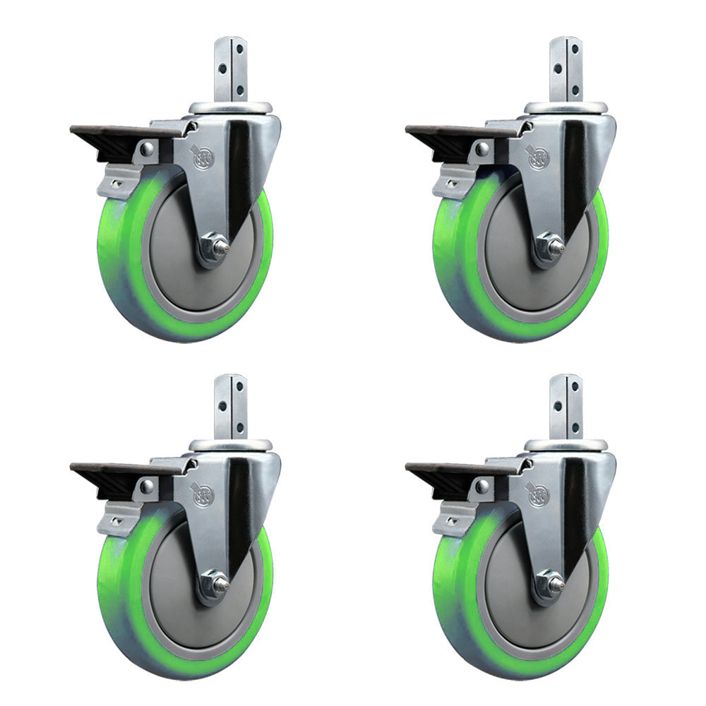 Swivel Square Stem Caster with 5 x 1.25 in. Green Poly Wheel, 0.75 x 2 in. Square Stem with 3 0.26 in. Diameter Mounting Holes - Set of 4