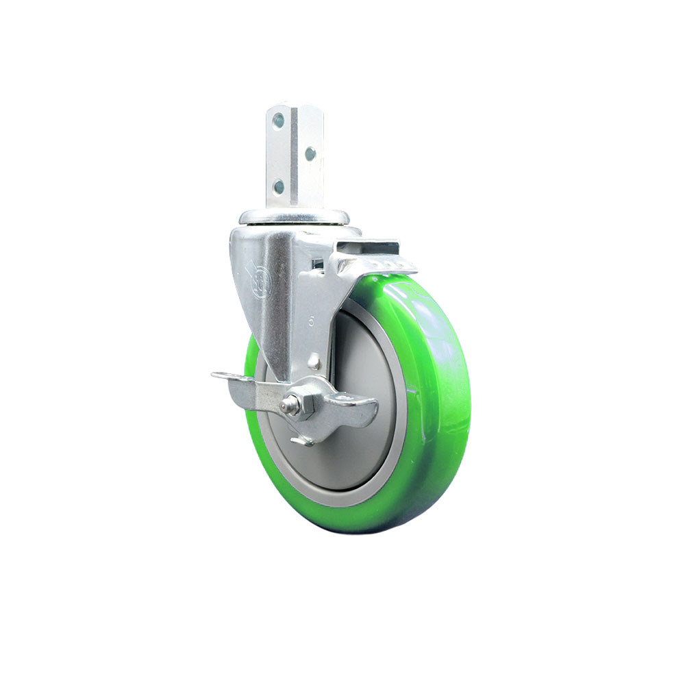Swivel Square Stem Caster with 5 x 1.25 in. Green Polyurethane Wheel with 3 0.26 in. Diameter Mounting Holes & Top Lock Brakes