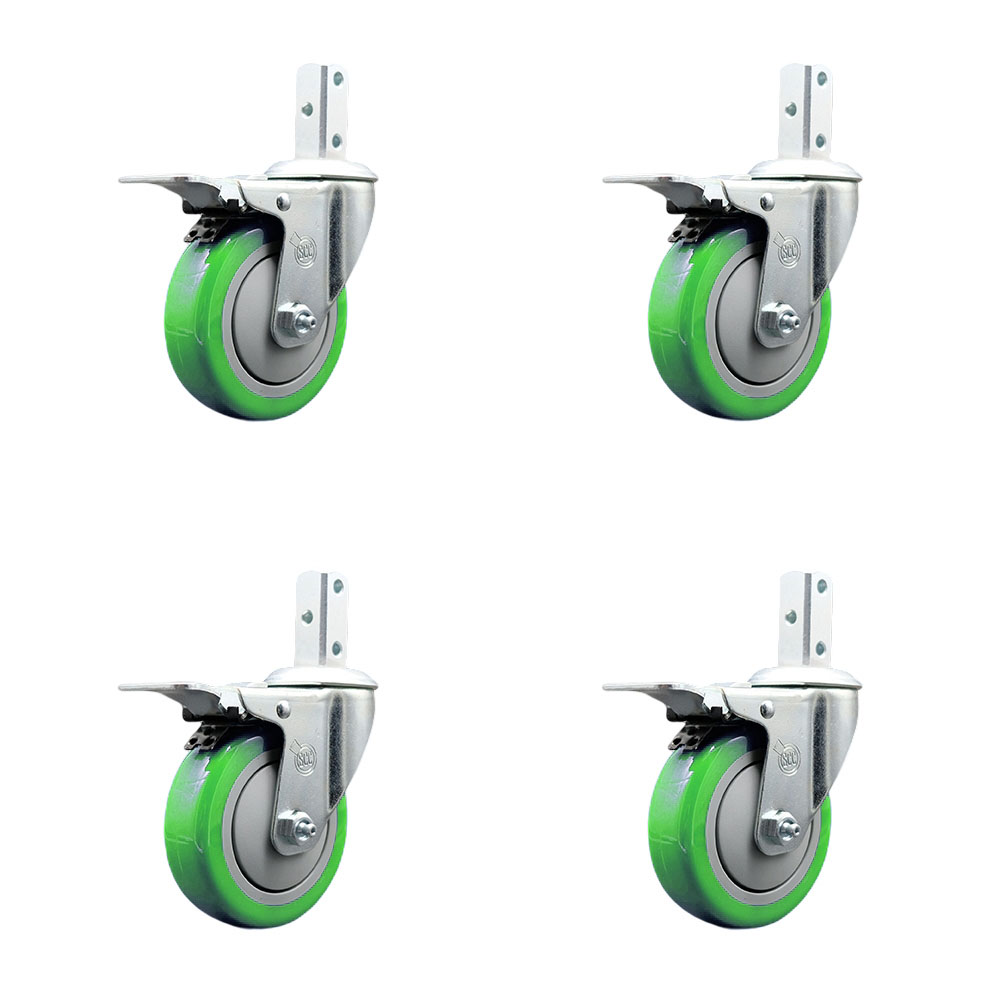 Swivel Square Stem Caster with 4 x 1.25 in. Green Poly Wheel, 0.87 x 2 in. Square Stem with 3 0.26 in. Diameter Mounting Holes - Set of 4