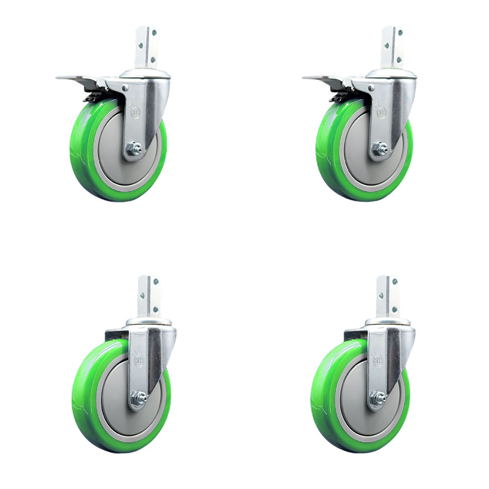 Swivel Square Stem Caster with 5 x 1.25 in. Green Poly Wheel, 0.75 x 2 in. Square Stem with 3 0.26 in. Diameter Mounting Holes - Set of 4