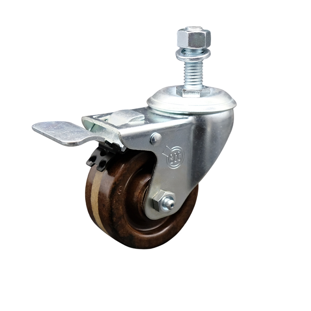 High Temperature Phenolic Swivel Threaded Stem Caster with Roller Bearing 3 x 1.25 in. Brown Wheel & 12 mm Stem & Total Locking Brake