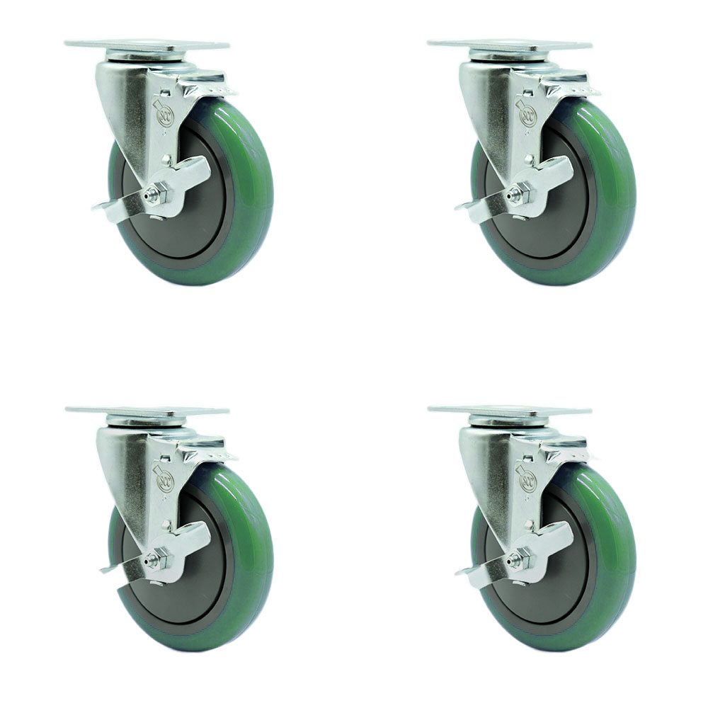 SCC-SS20S514-PPUB-GRN-TLB-4 Stainless Steel Polyurethane Swivel Top Plate Caster with 5 x 1.25 in. Green Wheels - Set of 4