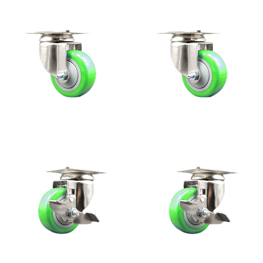 SCC-SS31620S314-PPUB-GRN-2-TLB-2 Polyurethane Swivel Top Plate Caster with 3 in. 316 Stainless Steel Green Wheels - Set of 4