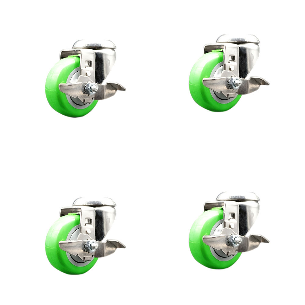 SCC-SS316BH20S3514-PPUB-GRN-TLB-4 Polyurethane Swivel Bolt Hole Caster with 3.5 in. Green Caster Wheels - 316 Stainless Steel Casters - Set of 4
