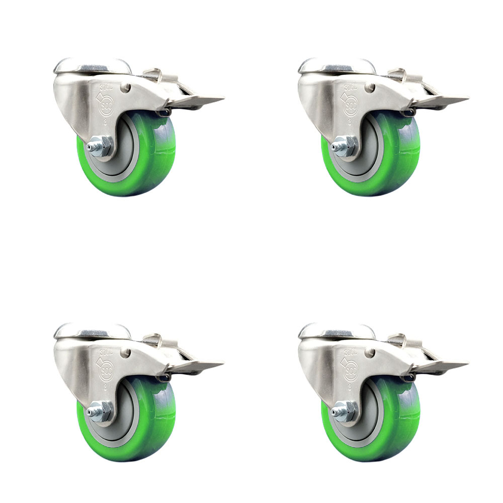 SCC-SS316BHTTL20S314-PPUB-GRN-4 Polyurethane Swivel Bolt Hole Caster with 3 in. Green Caster Wheels - 316 Stainless Steel Caster - Set of 4