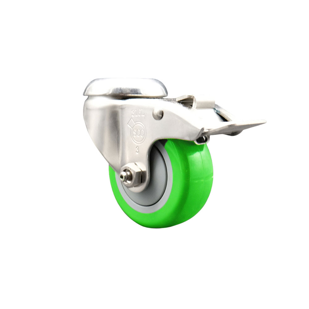 SCC-SS316BHTTL20S3514-PPUB-GRN Polyurethane Swivel Bolt Hole Caster with 3.5 in. Green Caster Wheel & Total Lock Brake - 316 Stainless Steel Caster