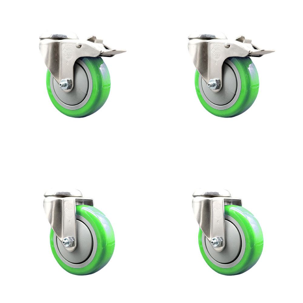 SCC-SS316BHTTL20S414-PPUB-GRN-2-S-2 Polyurethane Swivel Bolt Hole Caster with 4 in. Green Caster Wheels - 316 Stainless Steel Casters - Set of 4
