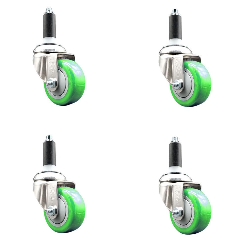 Polyurethane Swivel Stem Caster with 3 in. Green Caster Wheels, 1 in. Expanding Stems - 316 Stainless Steel Casters - Set of 4