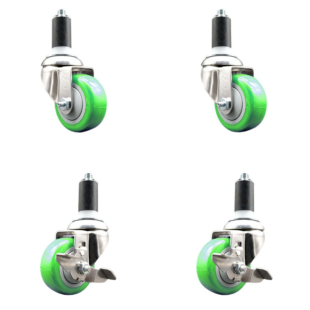 Polyurethane Swivel Stem Caster with 3 in. Green Caster Wheels, 1.25 in. Expanding Stems - 316 Stainless Steel Casters - Set of 4