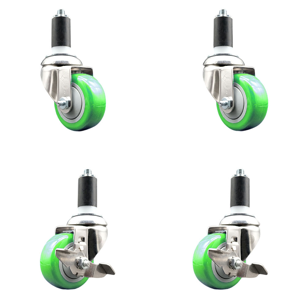 Polyurethane Swivel Stem Caster with 3 in. Green Caster Wheels, 1.38 in. Expanding Stems - 316 Stainless Steel Casters - Set of 4