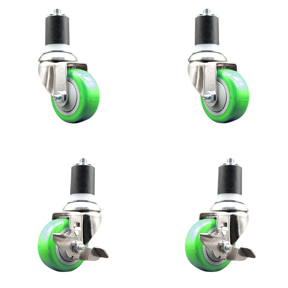 Polyurethane Swivel Stem Caster with 3 in. Green Caster Wheels, 1.87 in. Expanding Stems - 316 Stainless Steel Casters - Set of 4