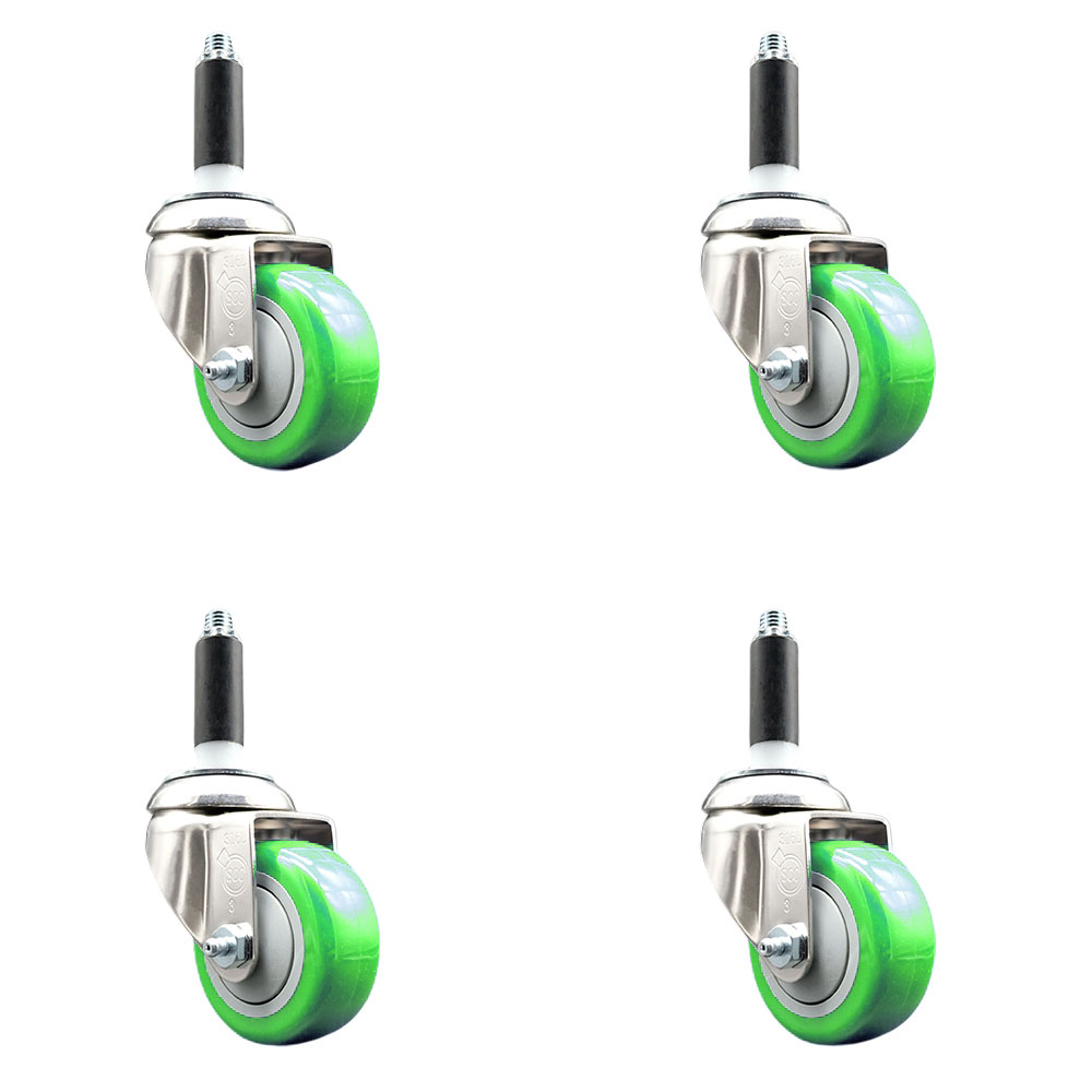 Polyurethane Swivel Stem Caster with 3 in. Green Caster Wheels, 0.75 in. Expanding Stems - 316 Stainless Steel Casters - Set of 4