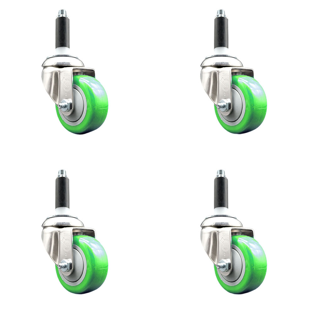 Polyurethane Swivel Stem Caster with 3 in. Green Caster Wheels, 0.87 in. Expanding Stems - 316 Stainless Steel Casters - Set of 4