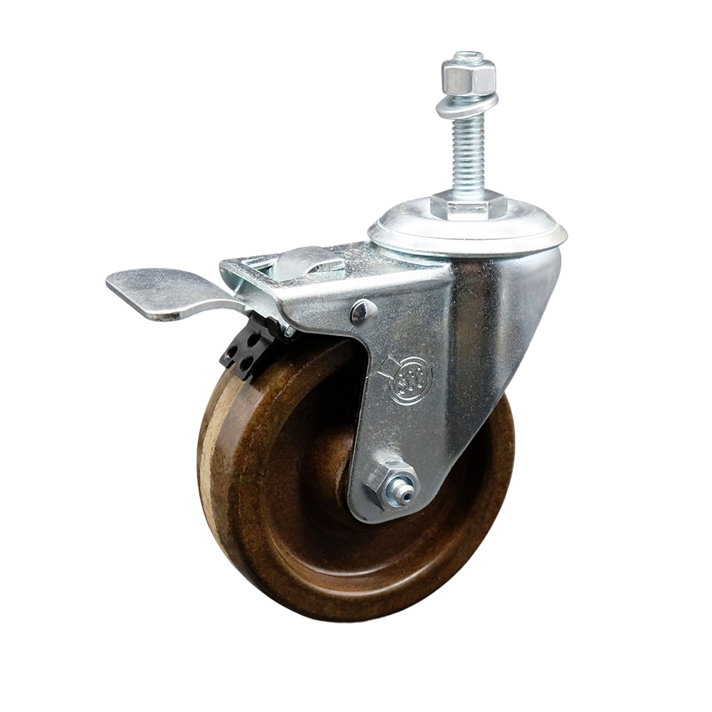 High Temperature Phenolic Swivel Threaded Stem Caster with Roller Bearing 4 x 1.25 in. Brown Wheel & 10 mm Stem & Total Locking Brake