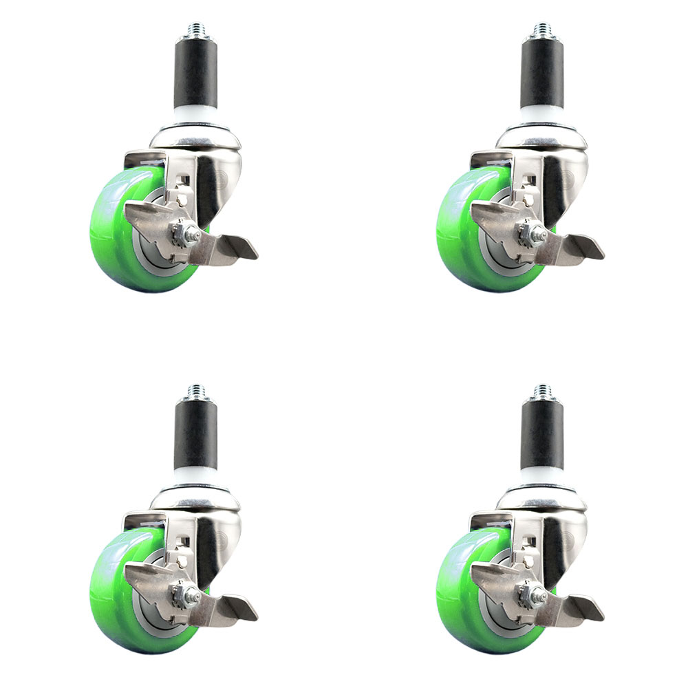 Polyurethane Swivel Stem Caster with 3 in. Green Caster Wheels, 1.25 in. Expanding Stems - 316 Stainless Steel Casters - Set of 4
