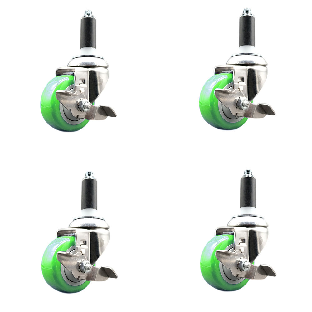 Polyurethane Swivel Stem Caster with 3 in. Green Caster Wheels, 1 in. Expanding Stems - 316 Stainless Steel Casters - Set of 4