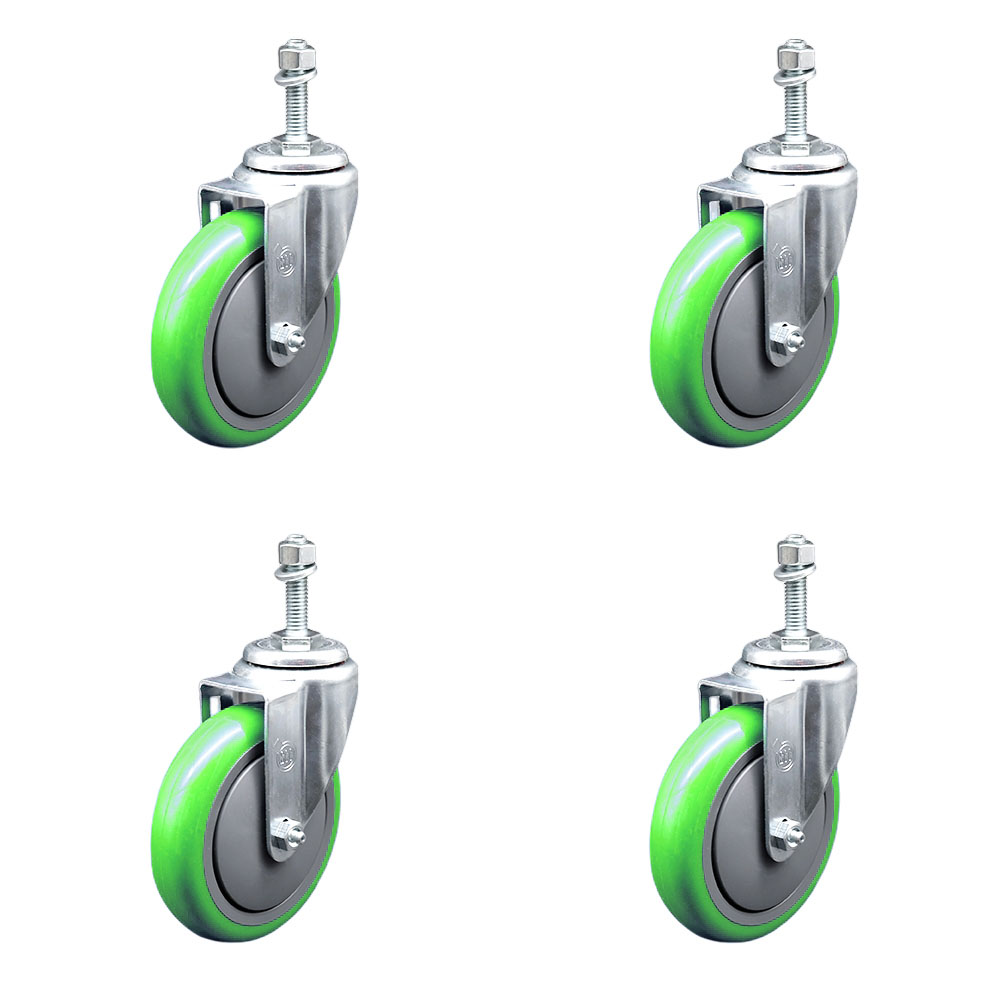 SCC-SSTS20S514-PPUB-GRN-M1015-4 Stainless Steel Polyurethane Swivel Threaded Stem Caster with 5 x 1.25 in. Green Wheels & 10 mm Stems - Set of 4
