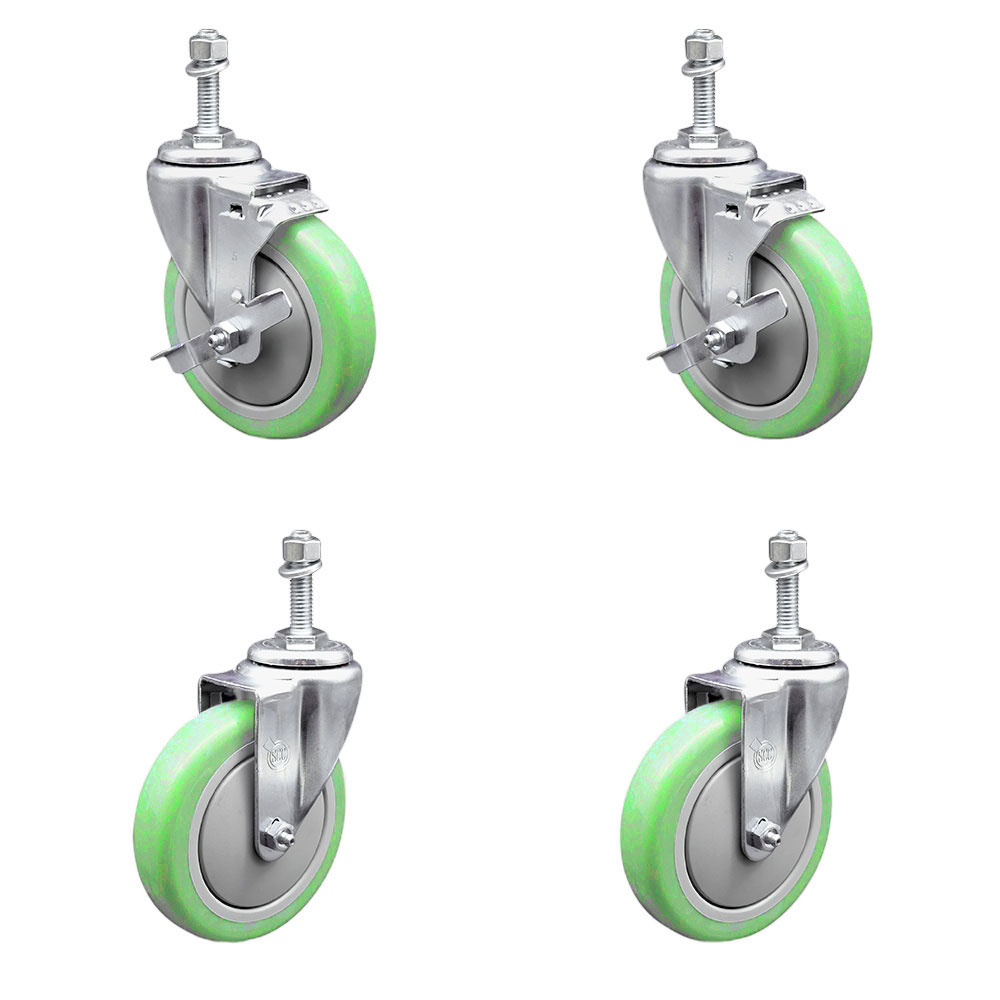 Stainless Steel Polyurethane Swivel Threaded Stem Caster with 5 x 1.25 in. Green Wheels & 0.38 in. Stems - Set of 4