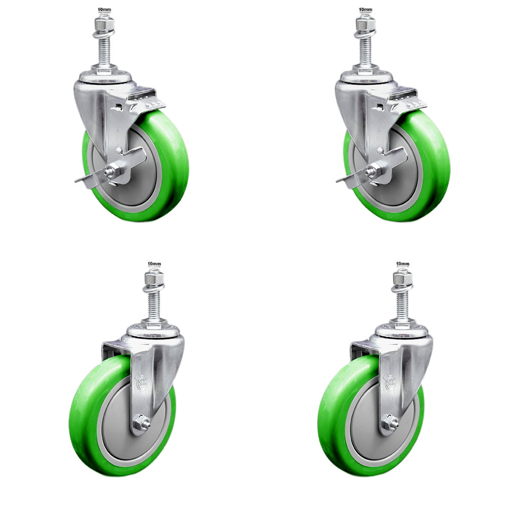 Stainless Steel Polyurethane Swivel Threaded Stem Caster with 5 x 1.25 in. Green Wheels & 10 mm Stems - Set of 4