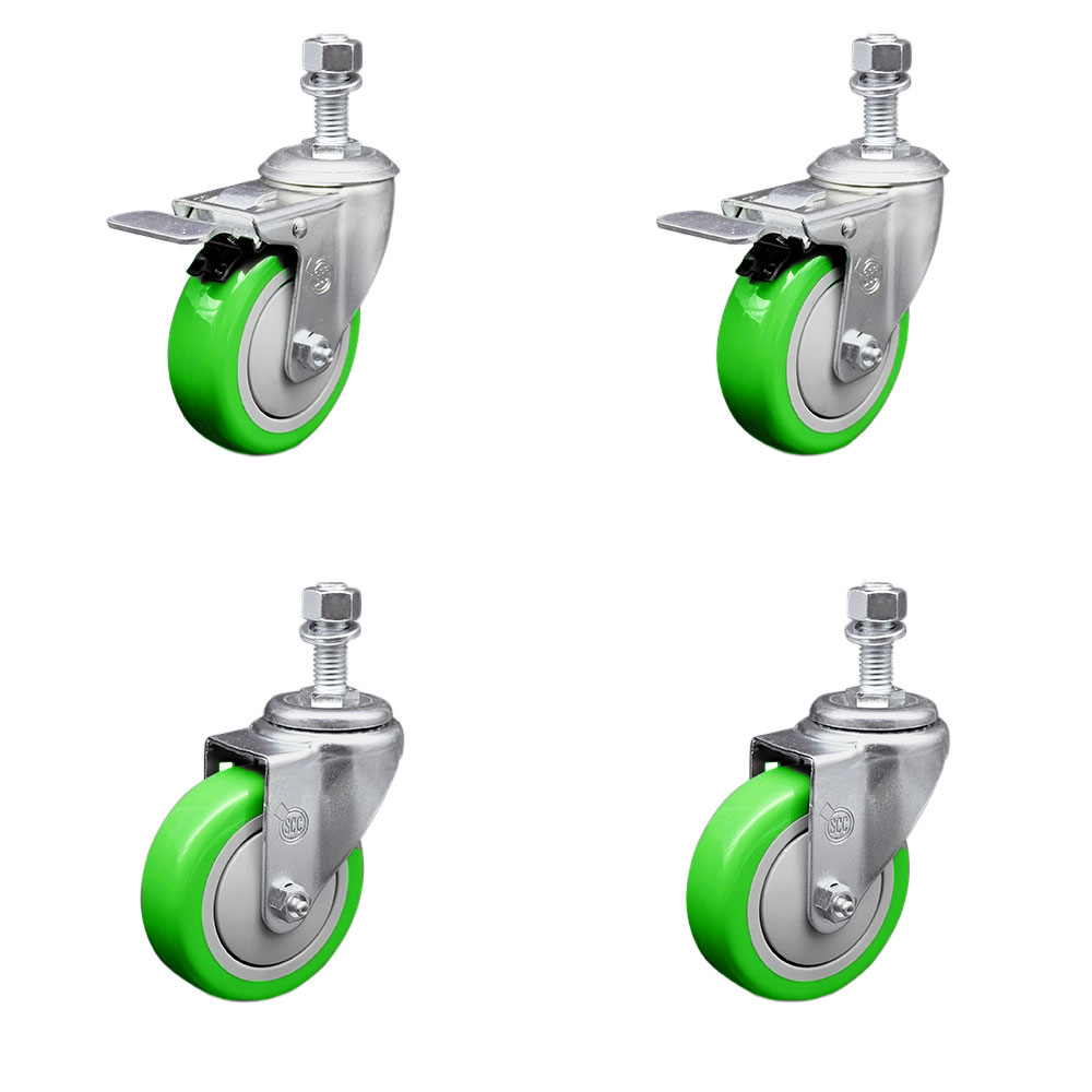 Stainless Steel Polyurethane Swivel Threaded Stem Caster with 4 x 1.25 in. Green Wheels & 12 mm Stems - Set of 4