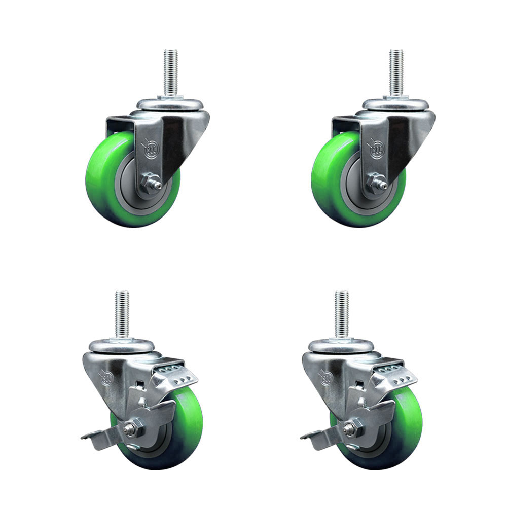 SCC-TS20S314-PPUB-GRN-34212-2-TLB-2 Polyurethane Swivel Threaded Stem Caster with 3 x 1.25 in. Green Wheels & 0.75 in. Stems - Set of 4