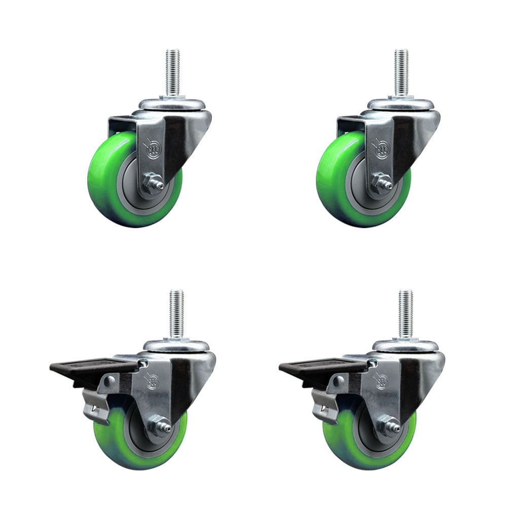 SCC-TS20S314-PPUB-GRN-58212-2-PLB-2 Polyurethane Swivel Threaded Stem Caster with 3 x 1.25 in. Green Wheels & 0.63 in. Stems - Set of 4