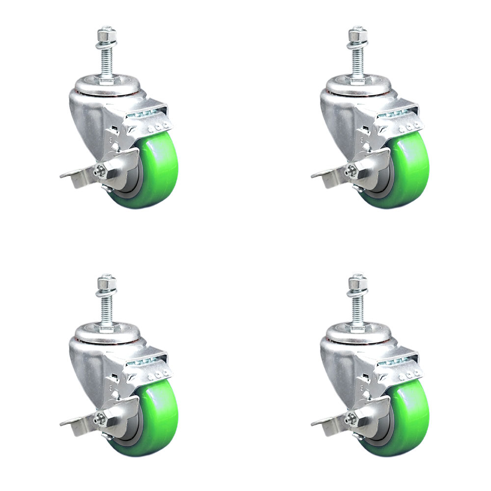 SCC-TS20S314-PPUB-GRN-TLB-M1015-4 Polyurethane Swivel Threaded Stem Caster with 3 x 1.25 in. Green Wheels & 10 mm Stems - Set of 4
