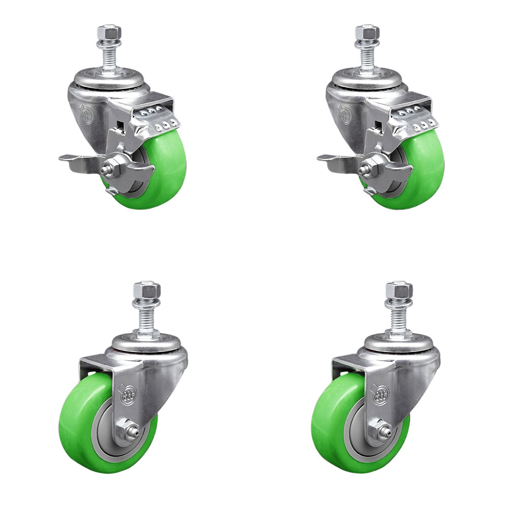 SCC-TS20S3514-PPUB-GRN-TLB-M1215-2-S-2 Polyurethane Swivel Threaded Stem Caster with 3.5 x 1.25 in. Green Wheels & 12 mm Stems - Set of 4