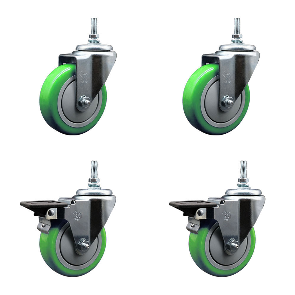 SCC-TS20S414-PPUB-GRN-M1215-2-PLB-2 Polyurethane Swivel Threaded Stem Caster with 4 x 1.25 in. Green Wheels & 12 mm Stems - Set of 4
