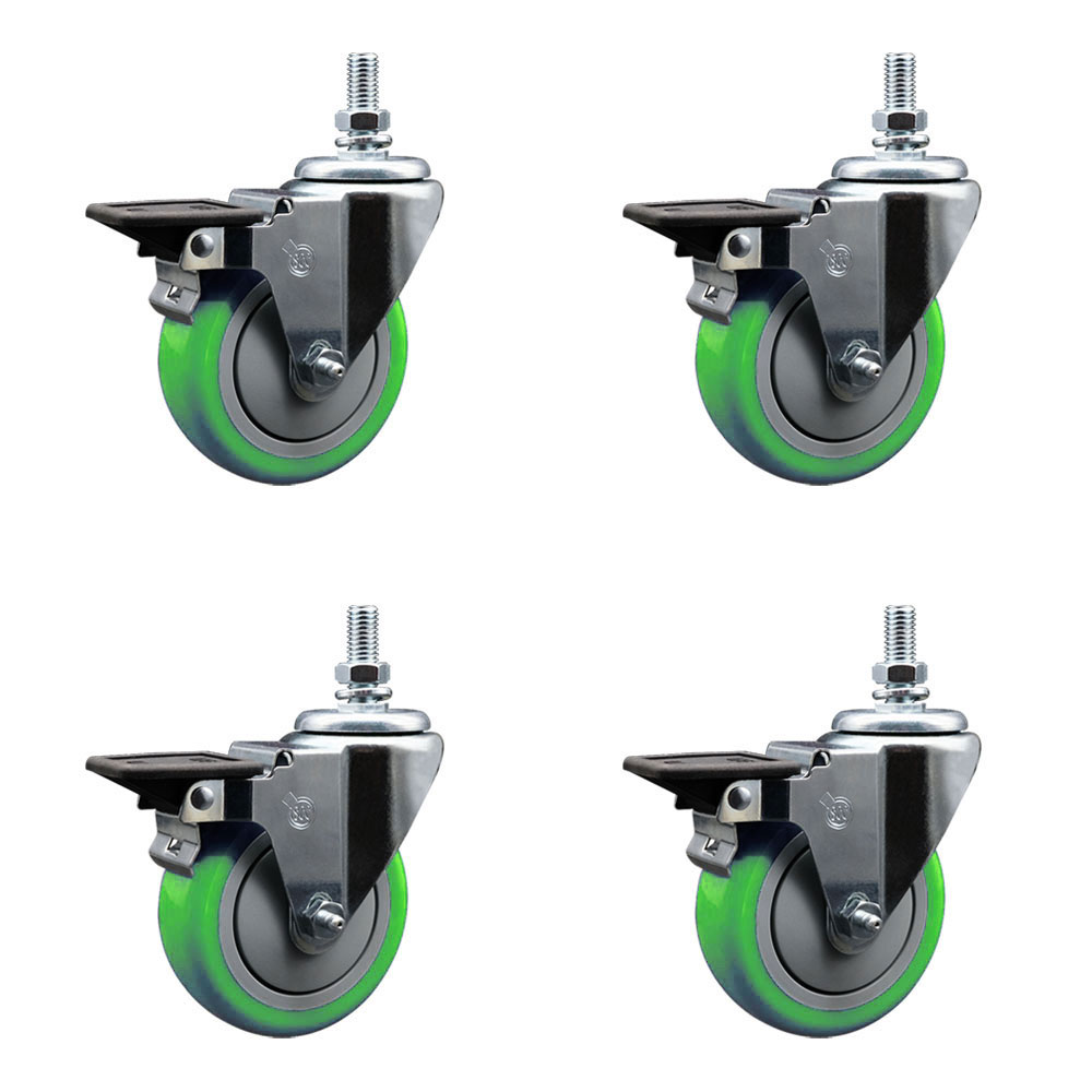 SCC-TS20S414-PPUB-GRN-PLB-M1015-4 Polyurethane Swivel Threaded Stem Caster with 4 x 1.25 in. Green Wheels & 10 mm Stems - Set of 4