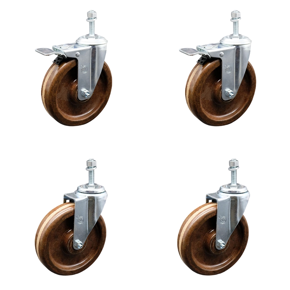 High Temperature Phenolic Swivel Threaded Stem Caster with Roller Bearing 6 x 1.5 in. Brown Wheels & 10 mm Stems - Set of 4