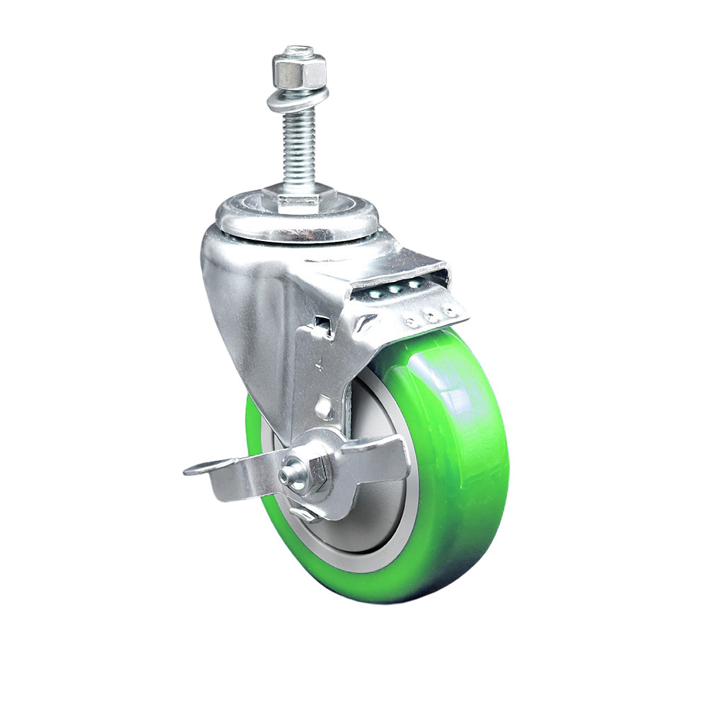 SCC-TS20S414-PPUB-GRN-TLB-M1015 Polyurethane Swivel Threaded Stem Caster with 4 x 1.25 in. Green Wheel & 10 mm Stem & Top Locking Brake