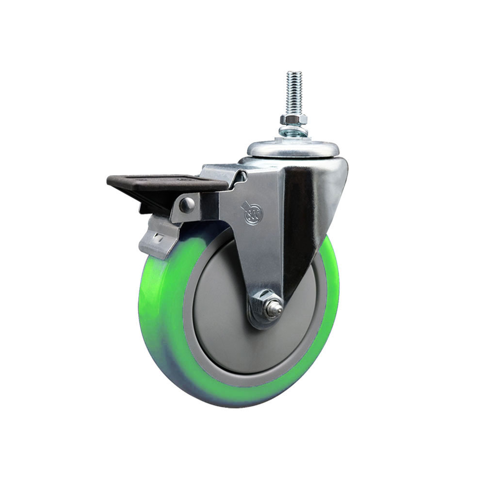 SCC-TS20S514-PPUB-GRN-PLB-M1215 Polyurethane Swivel Threaded Stem Caster with 5 x 1.25 in. Green Wheel & 12 mm Stem & Posi Locking Brake