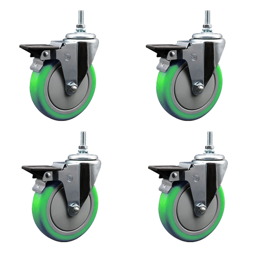 SCC-TS20S514-PPUB-GRN-PLB-M1215-4 Polyurethane Swivel Threaded Stem Caster with 5 x 1.25 in. Green Wheels & 12 mm Stems - Set of 4