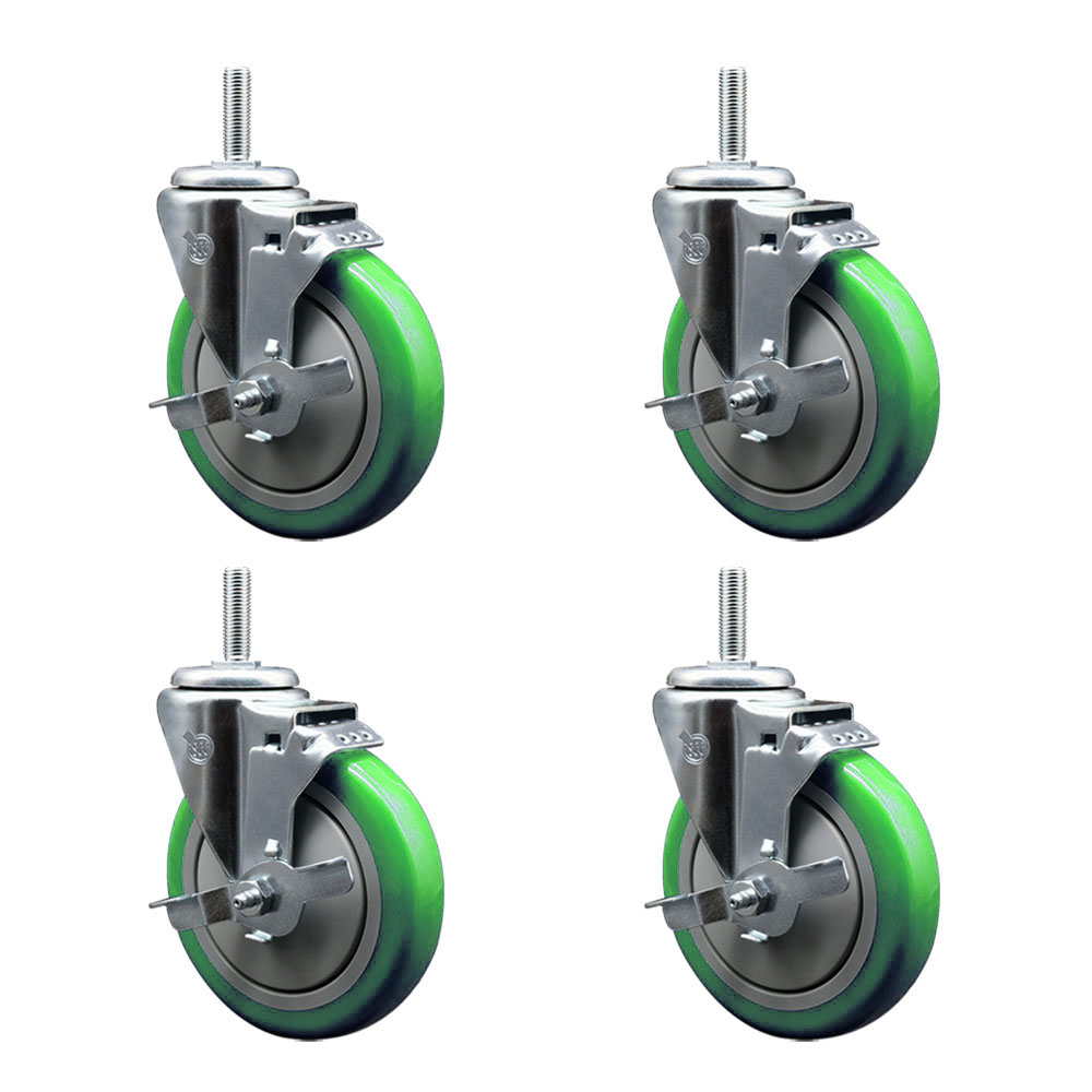SCC-TS20S514-PPUB-GRN-TLB-34212-4 Polyurethane Swivel Threaded Stem Caster with 5 x 1.25 in. Green Wheels & 0.75 in. Stems - Set of 4