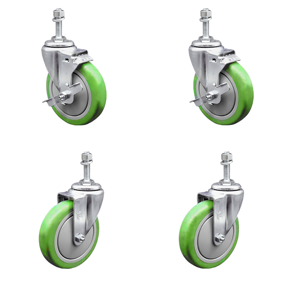 SCC-TS20S514-PPUB-GRN-TLB-M1015-2-S-2 Polyurethane Swivel Threaded Stem Caster with 5 x 1.25 in. Green Wheels & 10 mm Stems - Set of 4