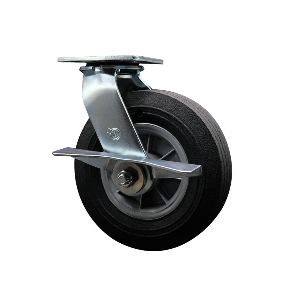 SCC-100S825-SNB-SLB 8 in. Swivel Semi Pneumatic Caster Black Solid Rubber Wheel & Side Lock Brake Heavy Duty Caster