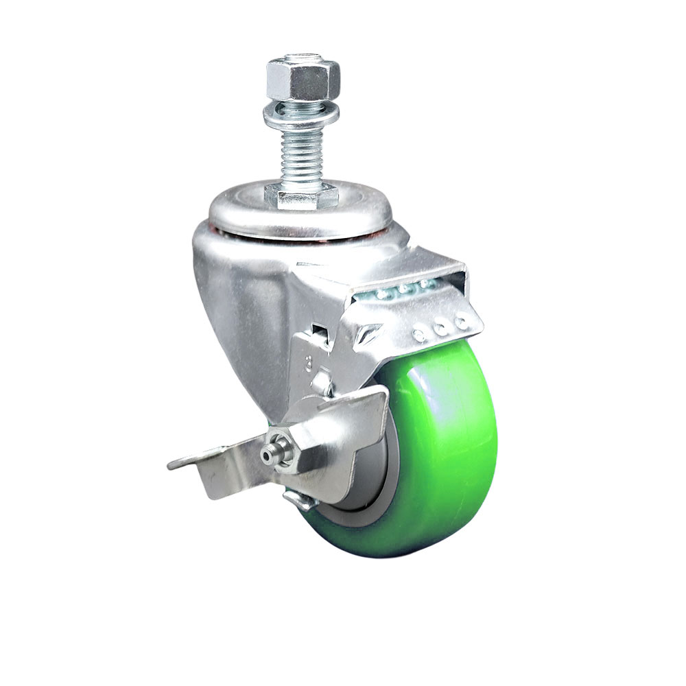 SCC-TS20S314-PPUB-GRN-TLB-M1215 Polyurethane Swivel Threaded Stem Caster with 3 x 1.25 in. Green Wheel & 12 mm Stem & Top Locking Brake