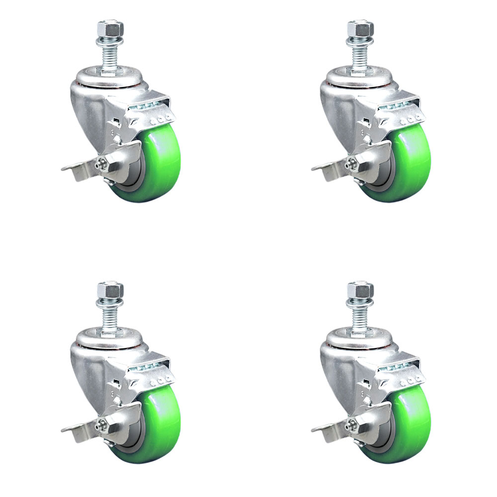 SCC-TS20S314-PPUB-GRN-TLB-M1215-4 Polyurethane Swivel Threaded Stem Caster with 3 x 1.25 in. Green Wheels & 12 mm Stems - Set of 4