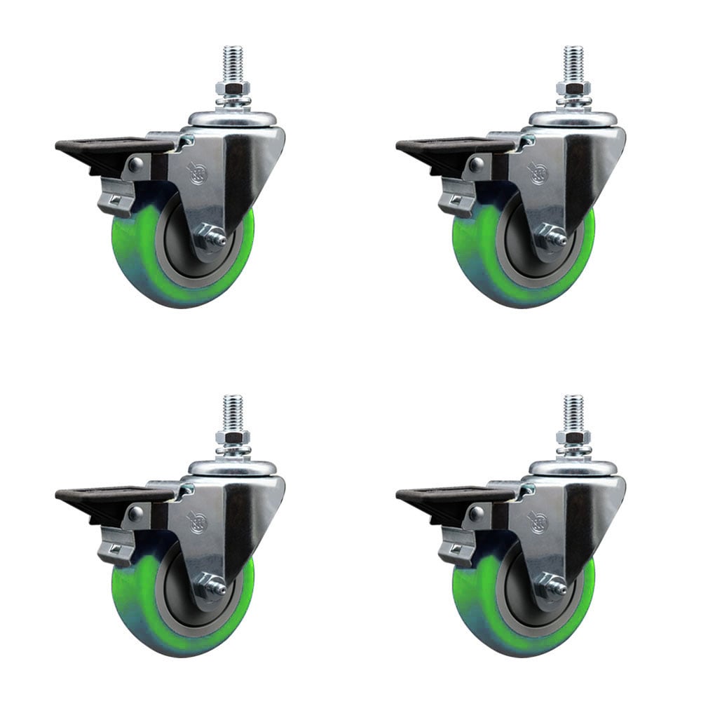 SCC-TS20S3514-PPUB-GRN-PLB-M1015-4 Polyurethane Swivel Threaded Stem Caster with 3.5 x 1.25 in. Green Wheels & 10 mm Stems - Set of 4